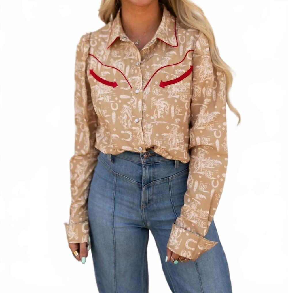 NEW HOWDY HANNY prairie rodeo snap blouse in beige